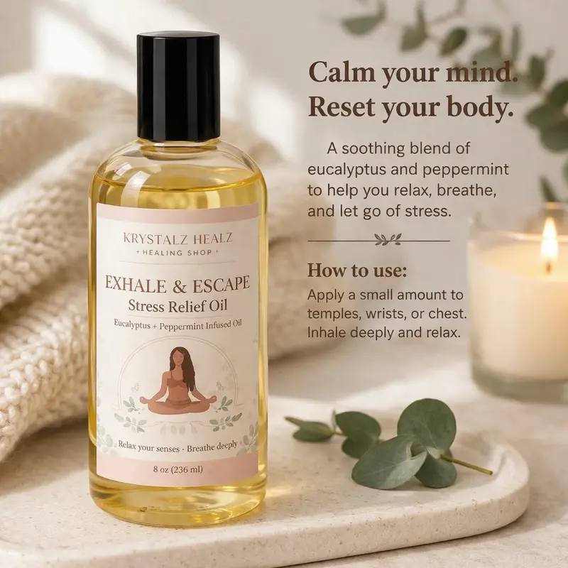 Krystalz Healz Exhale & Escape Stress Relief Oil Eucalyptus Peppermint Infused for Relaxation Calm 8 oz