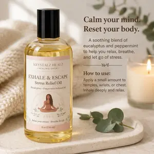 Krystalz Healz Exhale & Escape Stress Relief Oil Eucalyptus Peppermint Infused for Relaxation Calm 8 oz