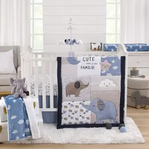 Blue Elephant - Chambray, Navy, Gray and White Elephant, Moon, Clouds and Stars 3 Piece Nursery Crib Bedding Set - Comforter, Fitted Crib Sheet and Crib Skirt