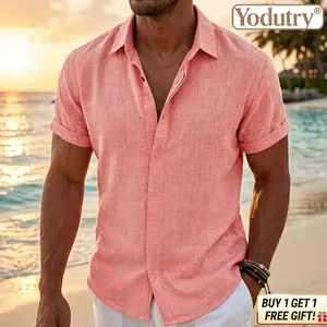 Men’S Linen Short Sleeve Shirt – Lightweight Breathable Loose Fit Solid Color Casual Beach Vintage Summer Tee