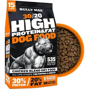 Bully Max High Protein Dry Dog Food, Chicken Recipe with Chicken Fat & Ground Flaxseed, Niacin Supplement for Muscle Growth & Support, Calorie-Dense Nutrition for 15 Lb Bag (Adults, Puppies, Small & Large Breeds)