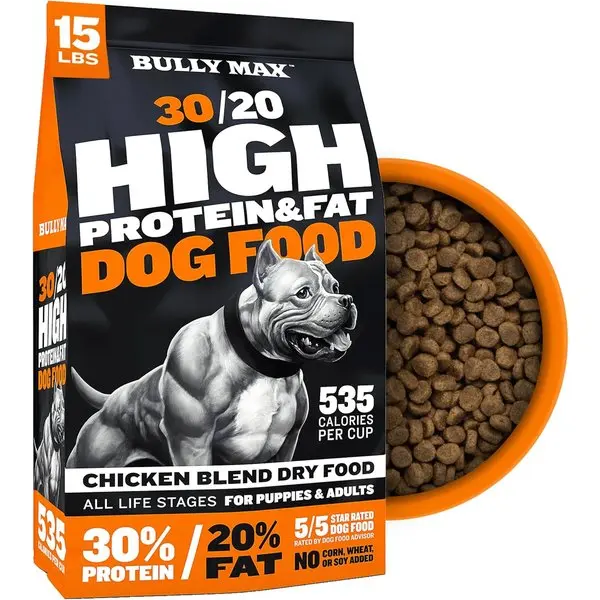 Bully Max High Protein Dry Dog Food, Chicken Recipe with Chicken Fat, Ground Flaxseed, Potassium Chloride, Ascorbic Acid, Zinc Sulfate, Folic Acid & Vitamin D3 Supplement, Calorie-Dense Muscle Growth Support for 15 Lb Bag (All Breeds, All Life Stages)