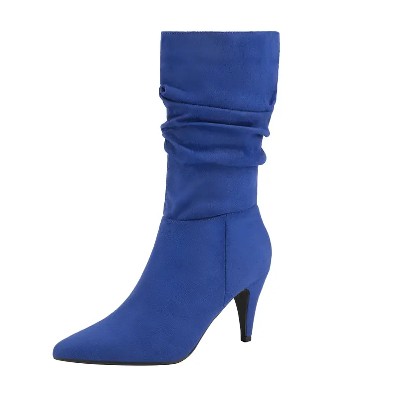 DREAM PAIRS Women's Chic Synthetic Fabric Mid-Calf Heeled Dress Boot - Ruched Stretch Shaft, Pointed-Toe Stiletto, Cushioned Insole, PVC Sole Support, Minimalist Footwear for Events, Shoes for Women