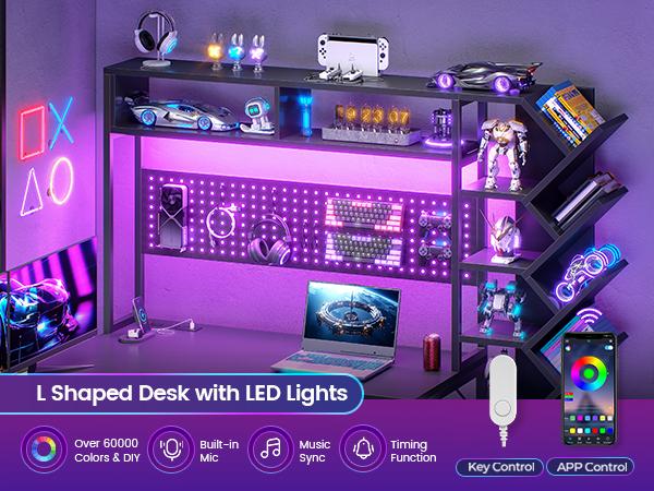 SEDETA L Shaped Gaming Desk with Hutch, Convertible 97.6" Two Person Office Desk with Drawers and Bookshelf, Corner Computer Desk with Power Outlet, LED Lights, Pegboard