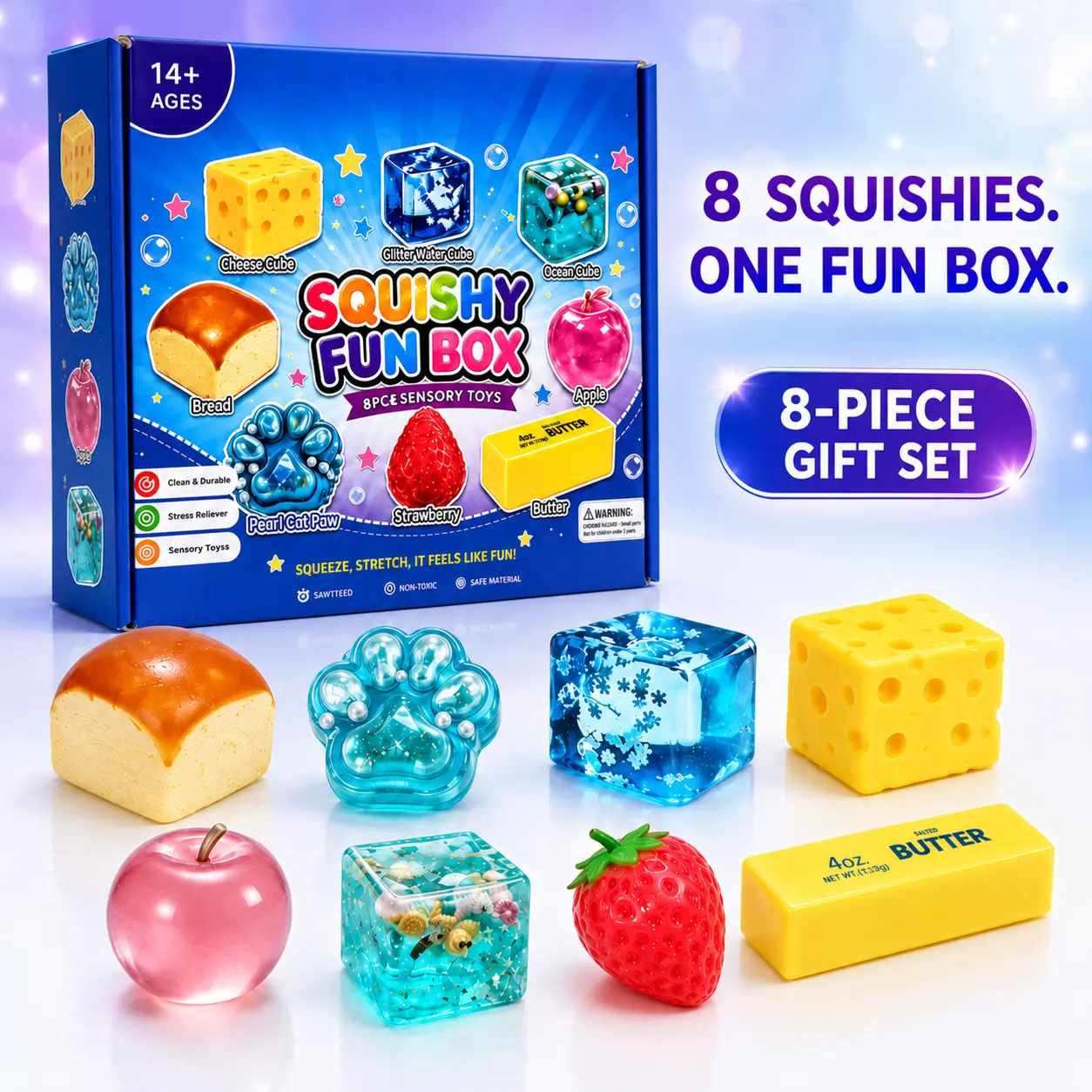 8-Piece Multi-Texture Squishy Sensory Toy Gift Box - Cheese Cube, Butter Bar, Fruit, Paw & Crystal ASMR Fidget Toys for Teens 14+