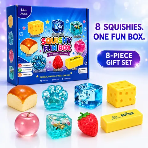 8-Piece Multi-Texture Sensory Squeeze Gift Set - Soft Squishy Fidget ASMR Items (Cheese Cube, Butter Bar, Fruit, Paw, Crystal) for Stress Relief, Trendy Unisex Teen Gifts, Grown-Up Toys