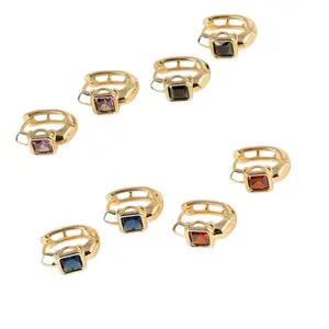 14K Gold Plated 15mm Hoop Earrings with Square Crystal – 5mm Wide Trendy Mini Hoops