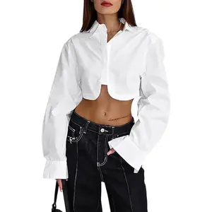 Women's Asymmetrical Hem Long Sleeve Cropped Button Up Shirt Crop Top Blouse Streetwear Fitted Medium Length Plain Autumn Casual