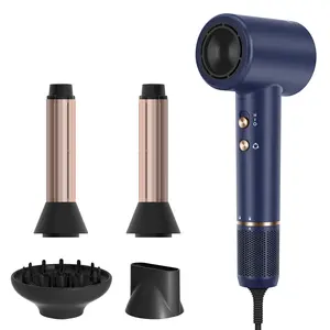 PARWIN PRO BEAUTY Air-Sonic Hair Dryer with Diffuser, HD-LED Display & 110, 000 RPM High Speed Ionic Blow Dryer, Left & Right Air Auto-Wrap Curlers, Prussian Blue Professional Version