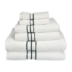 Superior 900GSM-H 6PC SET TL 900 Gsm Egyptian Cotton Towel Set - White With Teal Border, 6 Pieces