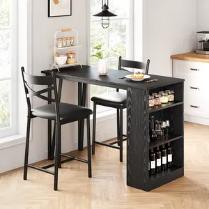 Bar Table and Chairs Set, 3 Piece Pub Dining Table with Flip Top Extension & Storage Shelves, Elevated Height Design, Small Spaces Kitchen Dining Furniture for 2, Apartment Dinner Furniture, Black