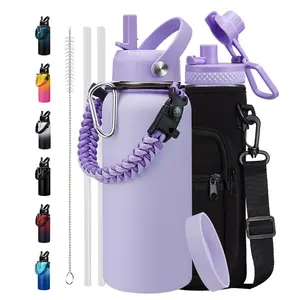 Stainless Steel Sports Water Bottle - 32/40/64 Oz Insulated Water Jug with Straw & Auto Spout Lid, Paracord Handle, Bottle Sleeve, Cold 48H Hot 24H, Sweat-Proof Tactical Flask for Hiking,Lilac Purple Stainless Steel