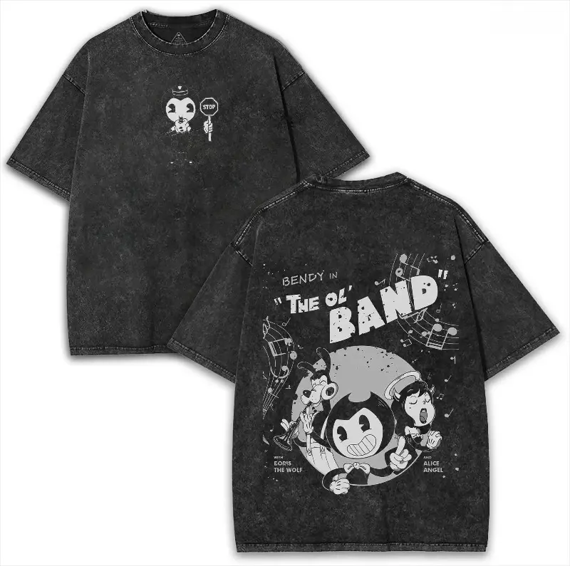 Retro Washed Bendy Boris The Wolf Alice Angel Tee Bendy and The Ink Machine Print Short Sleeve Crewneck Oversized Streetwear T Shirt for Men and Women