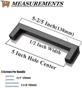 5 Pack Black Square Kitchen Cabinet Hardware 5 Inch(128mm) Hole Center Modern Drawer Handles Stainless Steel Drawer Pulls for Cupboard