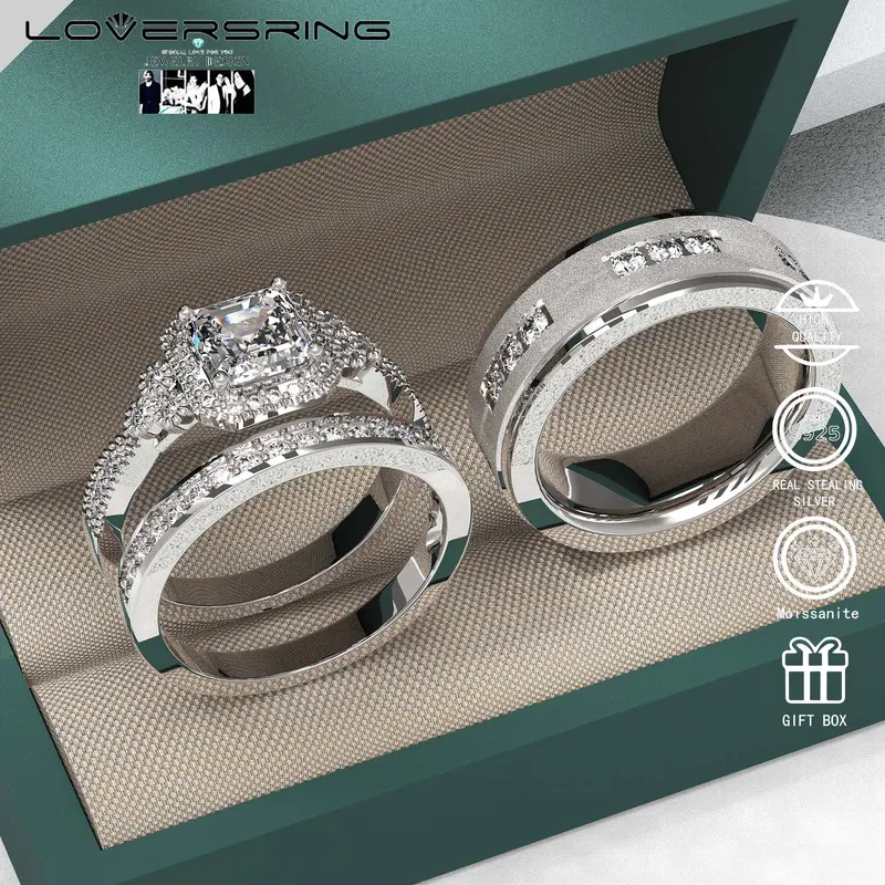 Wedding Ring Sets His And Hers Promise Ring Wedding Ring Sets His And Hers Couples Women 925 Sterling Silver Square Cut Moissanite Man titanium Wedding Band