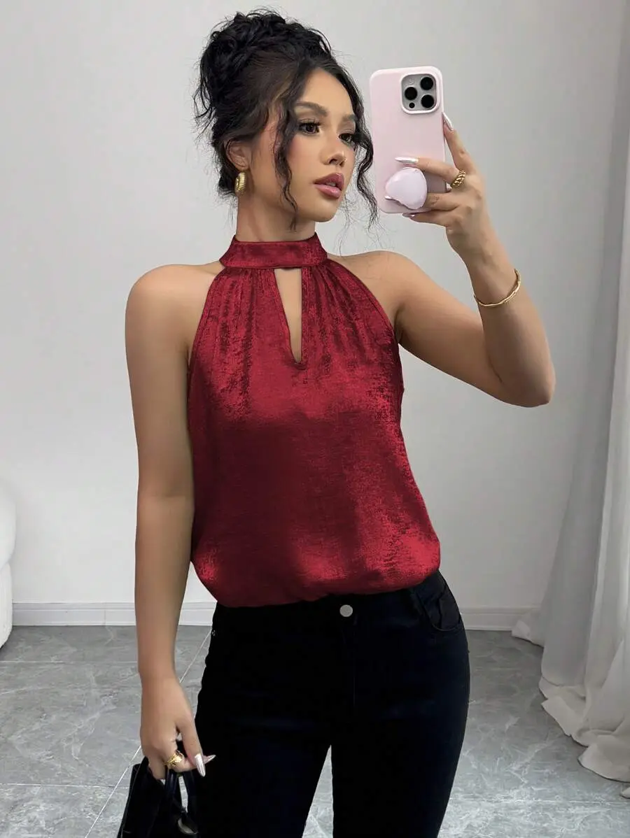 Women's Elegant Halter Neck Sleeveless Blouse With Sheen, Chic Spring Summer Vacation Top