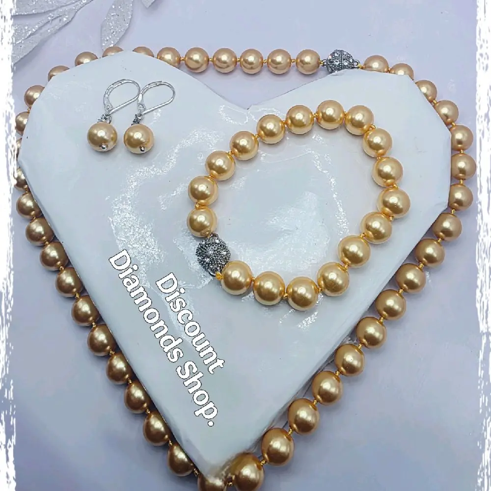 10mm Gold South Sea Shell Pearl 4-Piece Jewelry Set - Earrings, Bracelet, Necklace
