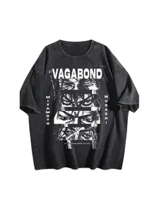 Vintage Washed Black Vagabond Musashi Miyamoto Oversized T-Shirt, Anime Manga Quote Graphic Tee, Perfect Gift,Cool Shirts,Graphic Washed Oversized Tees for Men & Women,Summer Round Neck Short Sleeve ,Sports Shirt,Workout T-shirt