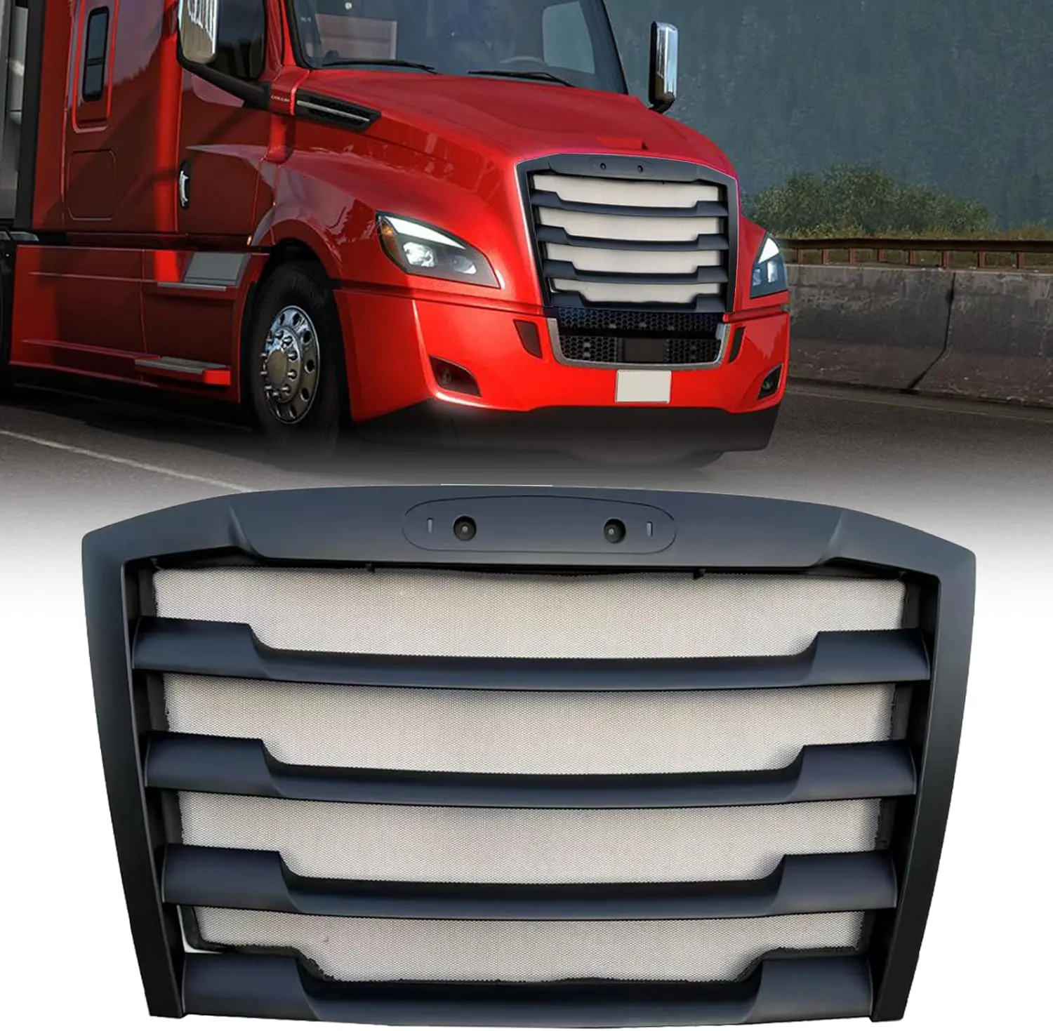 Automotive Car Accessories Front Radiator Grille with Built-In Insect Shield, Plastic Radiator Cover, OE Direct Bolt-On Fit Debris Shield for 2018-2024 Freightliner Cascadia Semi Truck, 2 Finishes: All Black/Full Chrome Exterior Accessory for Car
