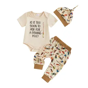 Newborn Baby Boy Fishing Outfit Letter Short Sleeve Romper Fish Print Pants Hat 3Pcs Set Baby Fishing Summer Clothes