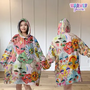 Dreamy Doodle Bloom – Aesthetic Oversized Sherpa Wearable Hoodie Blankets for Women, Men, Teens & Kids | Colorful Artsy Comfort, Cozy Gift, Plus size sleepwear, Cute Cartoon Style, Loungewear Essential, Christmas Gift, sweatshirt, sweater, Birthday gift