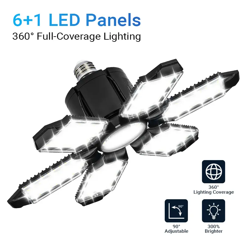 Foldable Garage Light – Deformable 6+1 Panel Ultra-Bright Ceiling Work Light with Easy Installation for Garage, Barn, Warehouse & Shop
