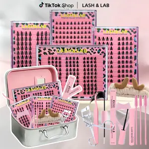 Lash&Lab Manga Lash Clusters Makeup Kit – Mixed Length DIY Eyelash Extensions with 4 Boxes Lashes, Cosmetic Case, Bond & Seal, Remover, Tweezers, Lash Applicator, Curler, 3 Brushes &  Headband, D Curl Long-Lasting Makeup Set for Women & Beginners