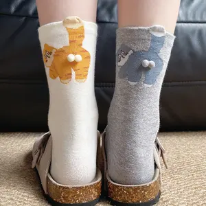 3pairs Women's Cute Cat Socks with 3D Pompoms,Cotton Animal Novelty Crew Socks Funny Gift for Cat Lovers,rolled tube socks