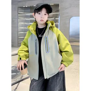 & ' Hooded Jacket with Half-Zip & Full-Zip Front - Lime Green/Yellow/Brown Color Block Windbreaker, Full-Zip Hood & Full-Zip Back, Durable for Kids Outdoor, Casual Wear (Spring/Fall) - Easy-Care Zipper