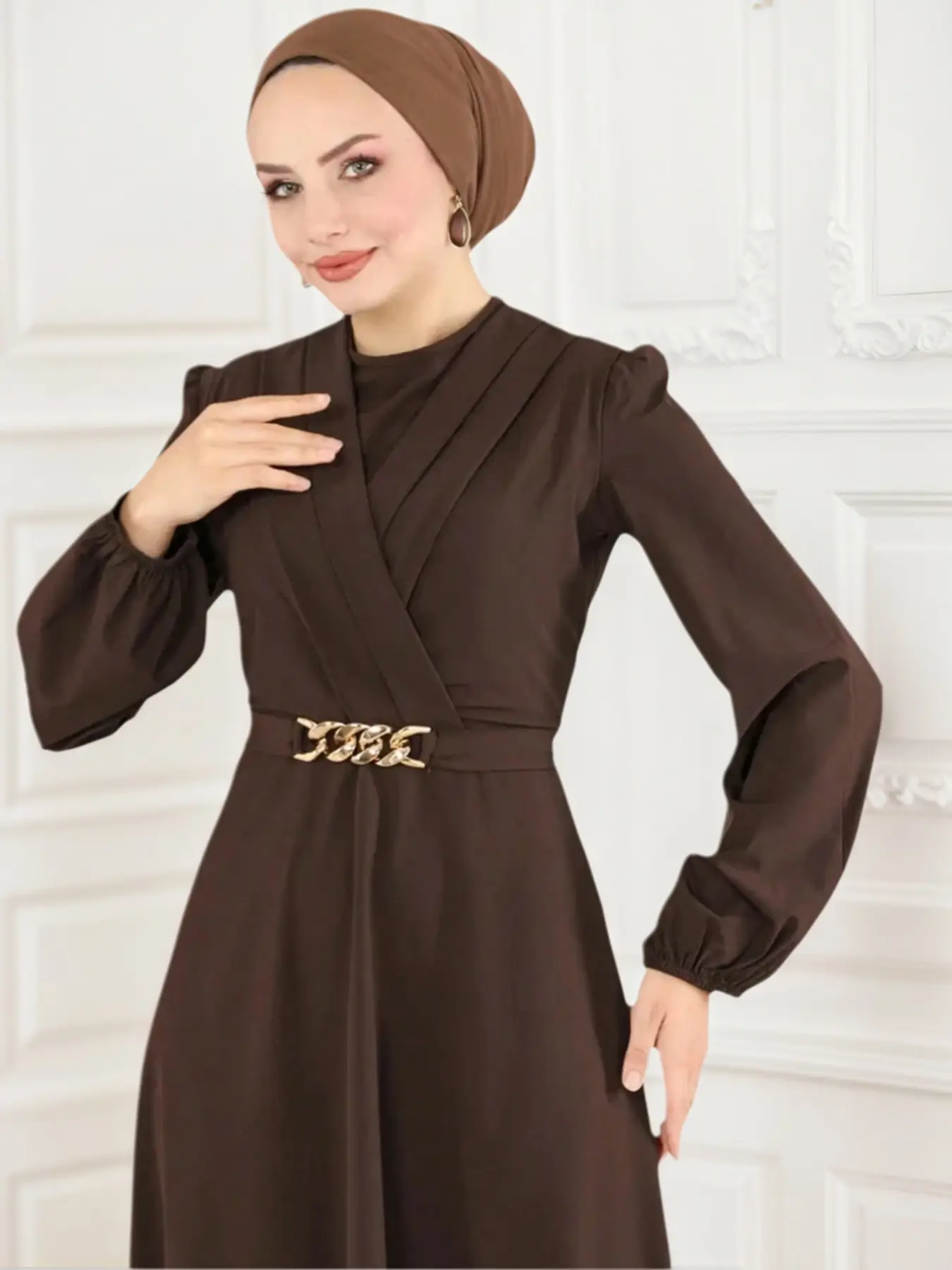 Women's Casual Round Neck Lantern Sleeve Long Robe, Traditional Arabic Dress, Plain Color, Comfortable and Stylish, Perfect for Daily Wear