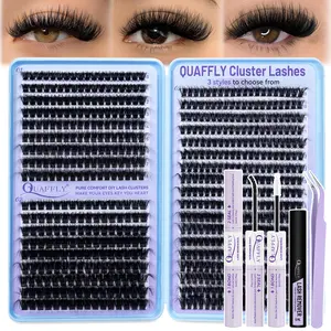 666PCS QUAFFLY Lashes D-Curl Fluffy Lash Extension Kit 60D+80D+100D Lash Clusters Eyelash Extension Kit 10-18mm Individual Cluster Lashes Extensions Kit with Lash Bond and Seal, Lash Remover ,Tweezers
