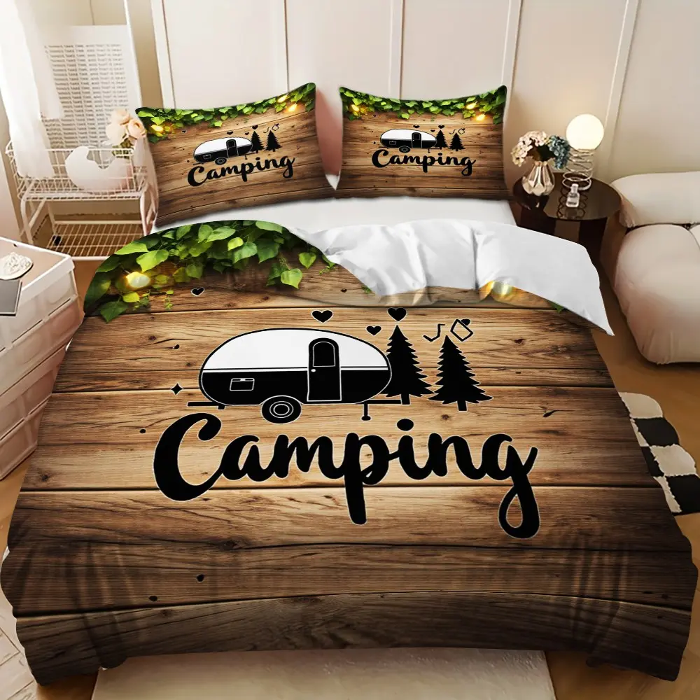 Bedding Set - 3pcs Green Wisteria Yellow Lamp Brown Wood Campervan Design Down Comforter Set (1 comforter cover + 2 pillowcases, filling not included) A gift for family and friends, soft and comfortable, suitable for family bedrooms and guest rooms.