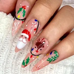 Christmas Press on Nails Long Almond Fake Nails Cute Xmas Nails Press Ons with Santa Candy Elk Snowflake Winterberry Design Full Cover Stick on Nails for Women Manicure,Glossy | Reusable | 24Pcs HPYFOI