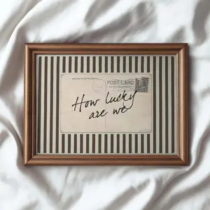 [UNFRAMED POSTER] How Lucky Are We Wall Art – Vintage Postcard Quote Print, Coquette Brown Striped Aesthetic Poster, Old Money Sentimental (No Frame)