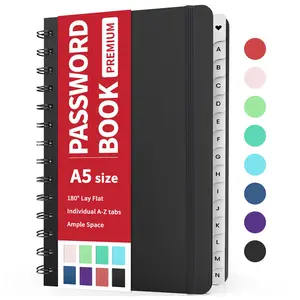 Password Book with Individual Alphabetical Tabs, 5.3"x7.6" Medium Size Password Notebook, Spiral Password Keeper Book for Senior, Cute Password Organizer Logbook for Home Office, Black