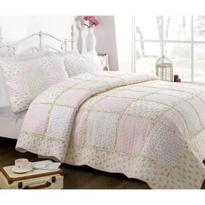 Floral Light Pink True Patchwork 100% Cotton Girl Quilt Bedding Set, Reversible Coverlet Bedspread (Sweet Peach, Twin - 2 Piece)