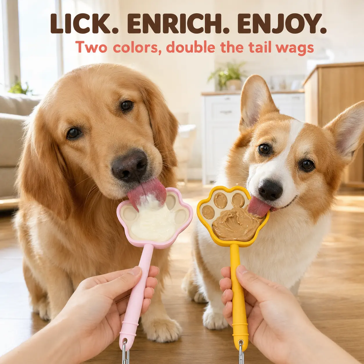 Dog Paw-Shaped Lick Sticks 2-Pack - Engaging Fun 5-Comp. Handheld Slow Feeder, Interactive Enrichment Treat Toy for Peanut Butter, Portable Pet Feeding Spoon for Puppy & Adult Dogs, Five Comp.