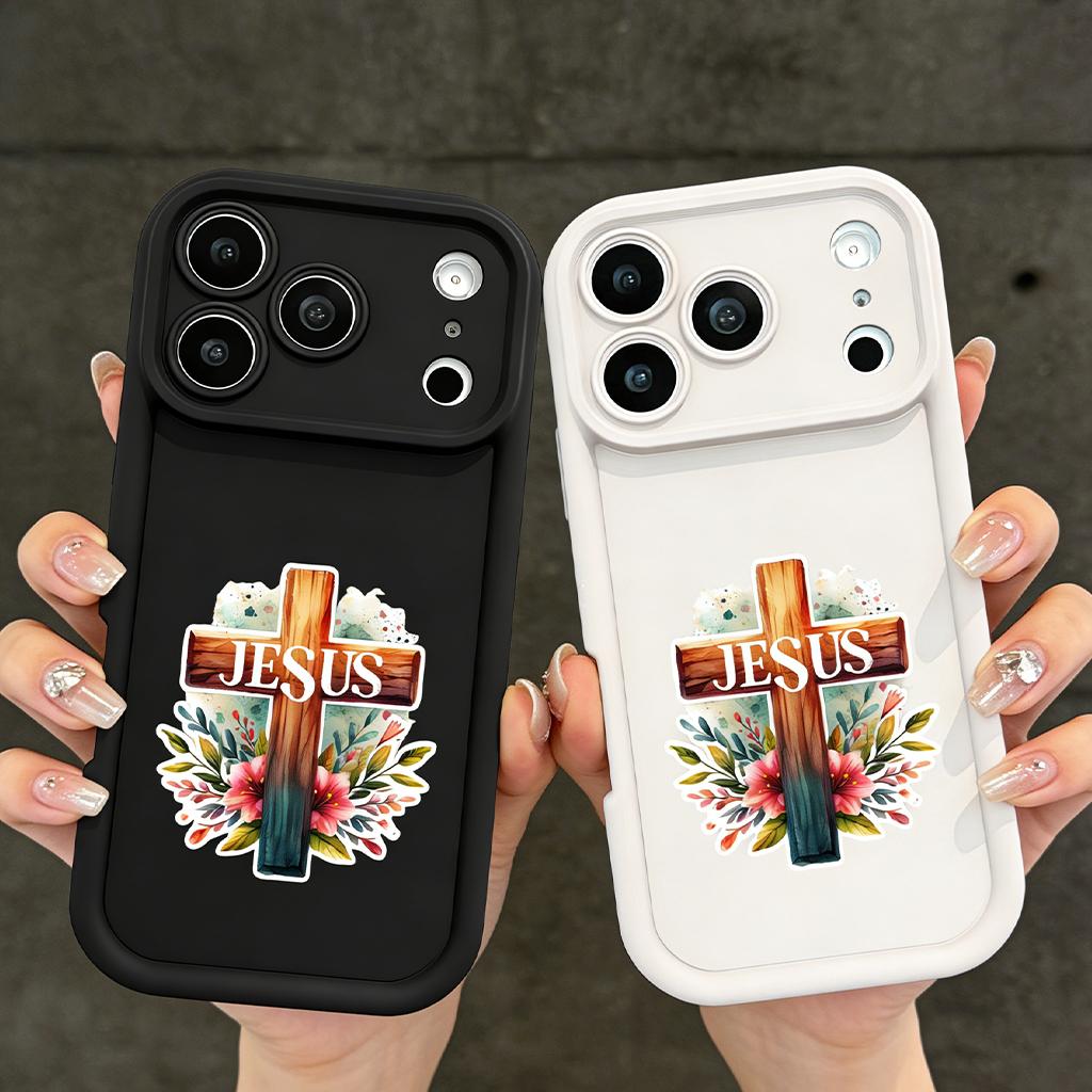Jesus Floral Cross Phone Case for iPhone 11/12/13/14/15/16/17 Pro Max Plus & 17 Air, Christian Religious Watercolor Shockproof Case TYJT260409024
