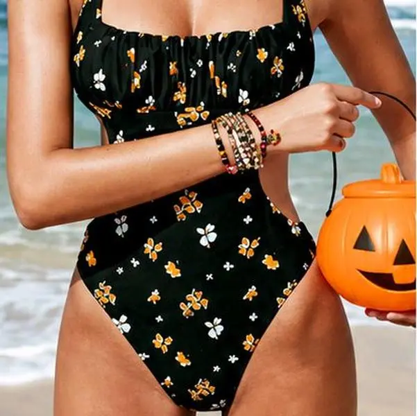 Women's True-to-Size CUPSHE Sunny Mode Floral Print 1-Piece Female Beach Wear Swimsuit - Adjustable Straps, Cutout Back, Size Small, New Tags