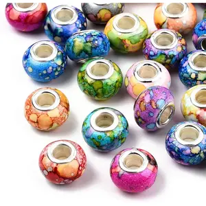 X-HDJ30  100pcs Large Hole European Beads Watercolor Colorful Resin Rondelle Beads Charms with Silver Brass Cores European Charm fit Bracelet Necklace DIY Pens Jewelry Making Macrame Hair Braids