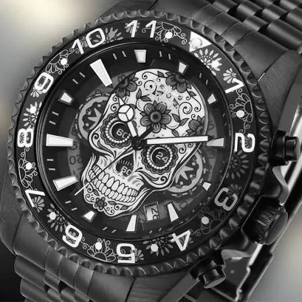 Invicta Pro Diver Men's 43mm Blacked Out Skull Watch Sugar Skull Dial Black Steel Bracelet Floral Engraved Bezel Numerals Luminous Markers Japanese Quartz 100m Water Resistant Halloween Day of the Dead Gift for Him