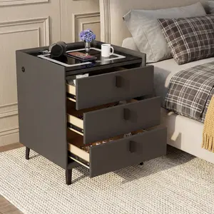 Smart bedside table with charging station, adjustable LED light, USB port, and bedside table; bedroom bedside table with drawers (black, 3 drawers).