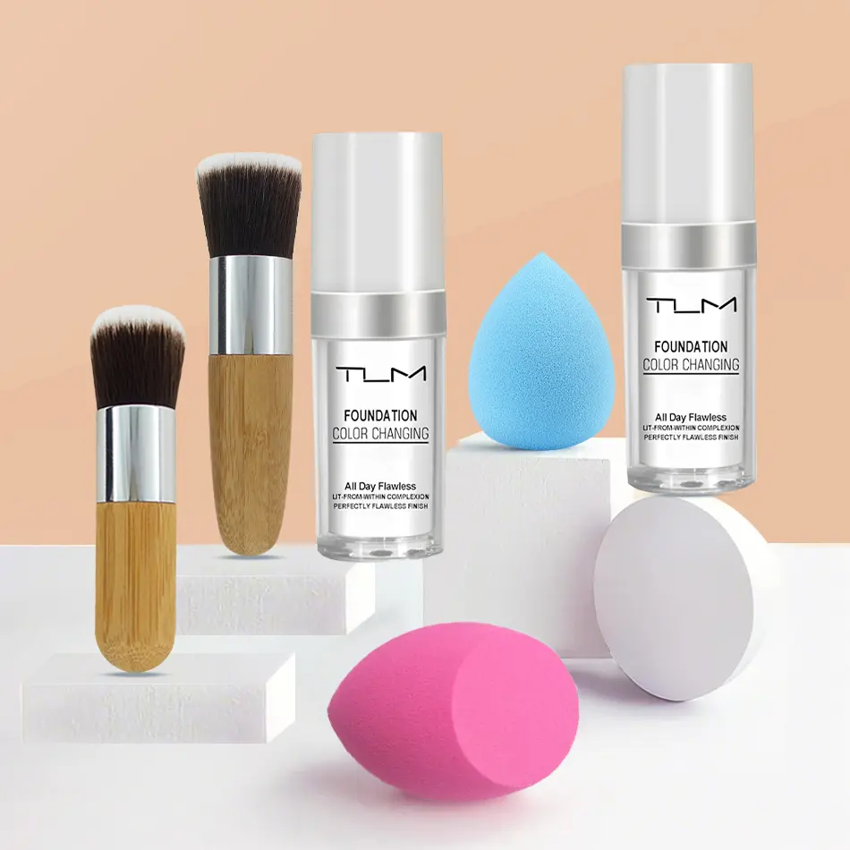 2Pcs TLM Liquid Foundation Color Changing Concealer Waterproof Natural Brighten Skin Tone Face Cosmetics Makeup for Women & Men 30ml And 2Pc Makeup Brushes 2Pc Beauty Eggs Set