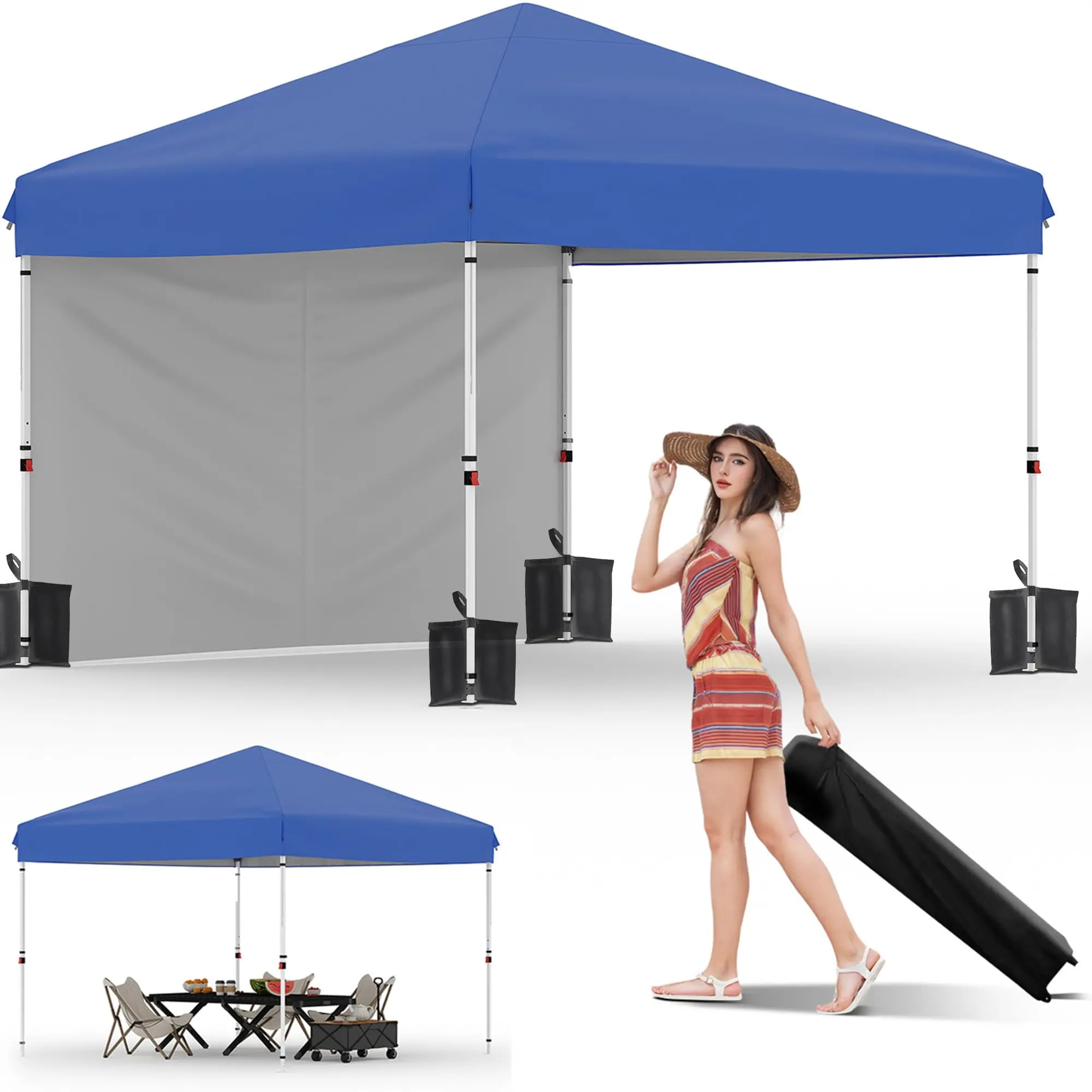 Gaomon 10x10 Portable Instant Canopy Tent, Heavy-Duty Commercial Shelter with Removable Sidewall, Oxford Fabric, Reinforced Legs, 1-Person Setup, UPF 50+ Sun Protection, Waterproof, Adjustable Shade for Farmers Markets, BBQs