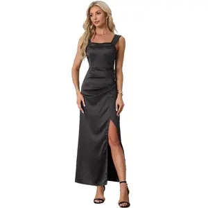 Allegra K Women's Ruched Front Elegant Wedding Guest Wide Straps Party Split Maxi Dress X-Small Black