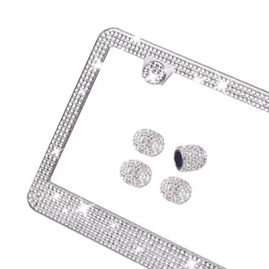 1pc/2pcs Sparkly Rhinestone License Plate Frame for Women with 4 Glitter Valve Caps - US specification Stainless Steel Bling Car Tag Holder, Diamond Accents, Includes Screws & Caps, Easy Installation, Durable & Stylish Design, Car Accessories