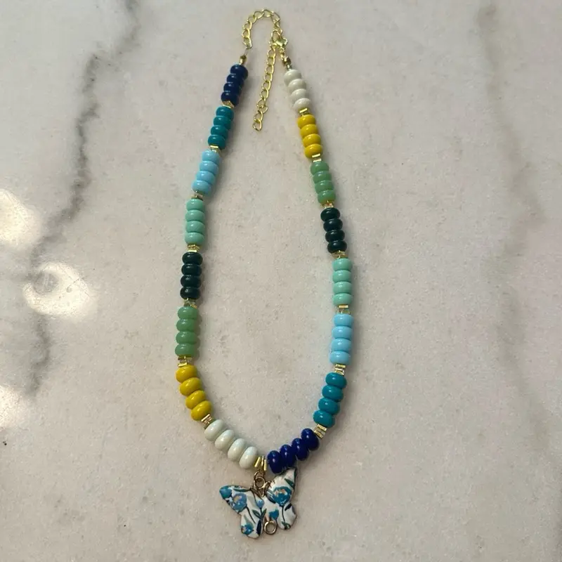 Anthro Dupe Butterfly Rondell Necklace with Colorful Beads and Blue Butterfly Charm