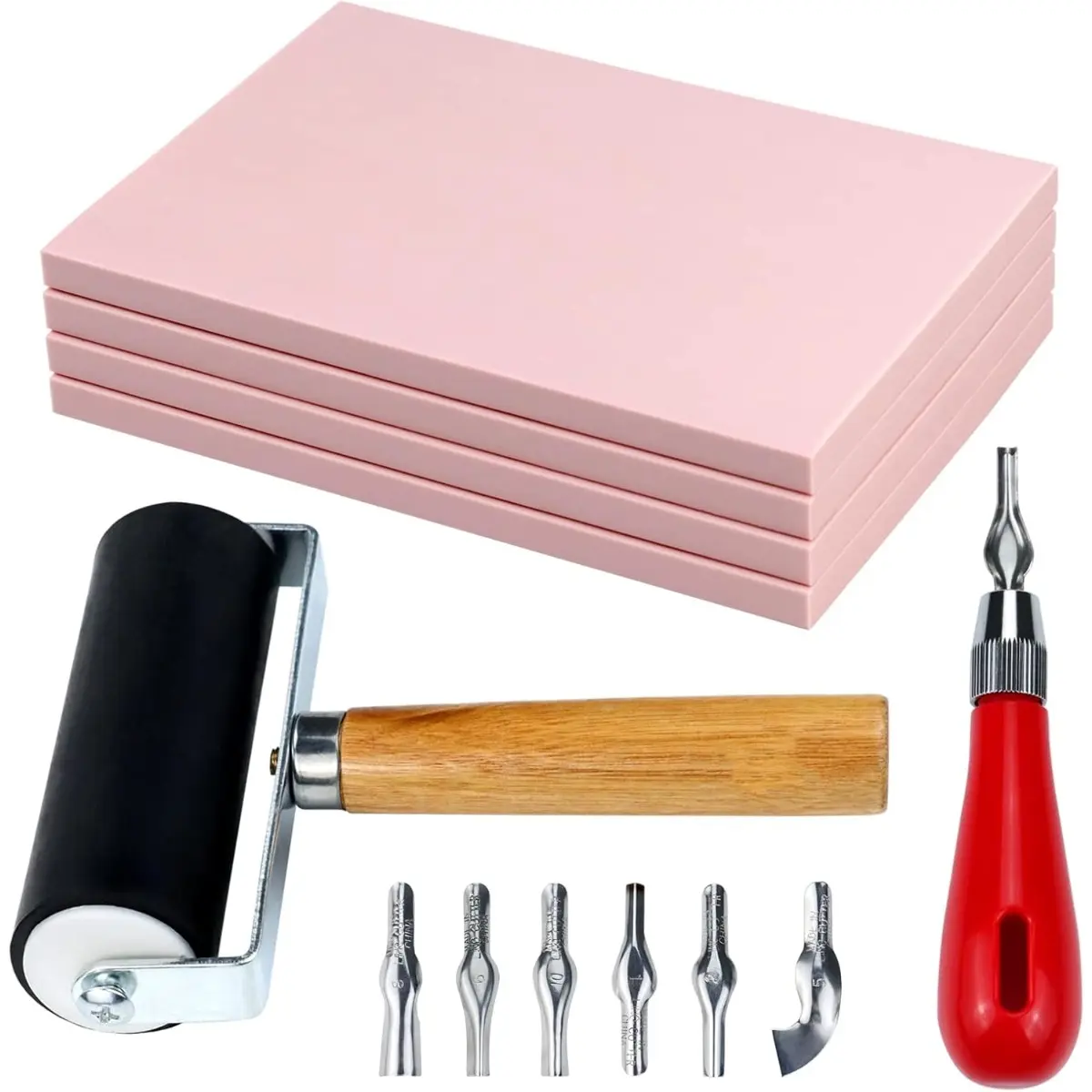 1 set Rubber Block Stamp Carving Blocks with Cutter Tools and Rubber Brayer Roller for Printmaking and More Crafts