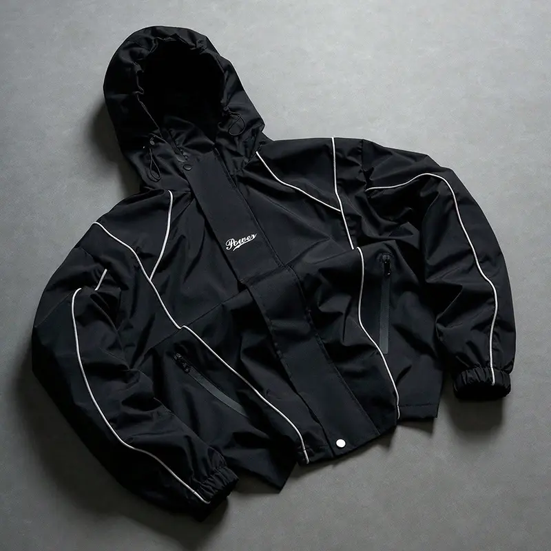 Contrast Piping Hooded Windbreaker Jacket  Unisex Cropped Silhouette Letter stamp Zip & Snap Front Zipper Side Pockets Elastic Cuff Lightweight Streetwear Techwear Outerwear Coats Menswear