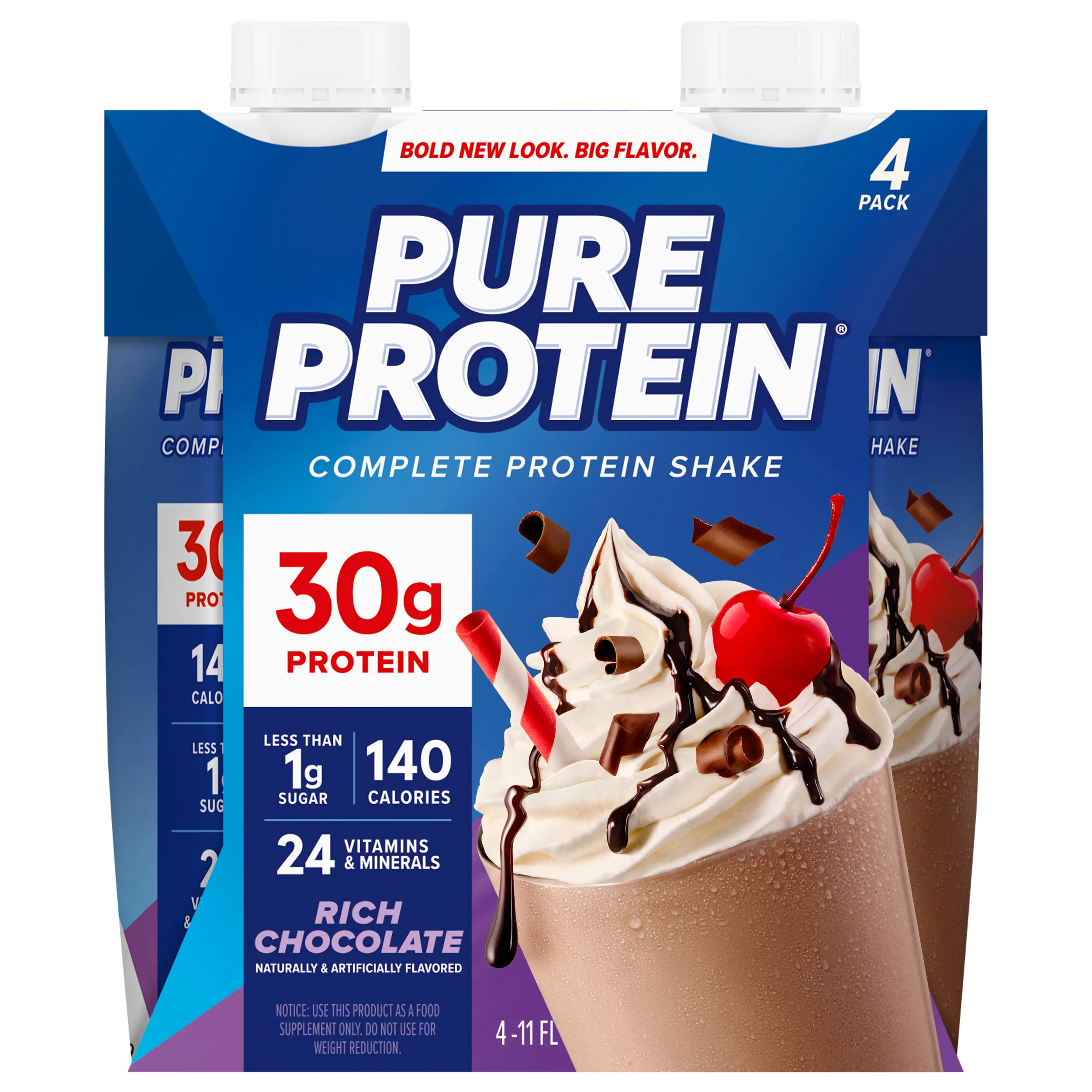 Pure Protein Complete Protein Shake, 30g Protein, Less Than 1g Sugar, 140 Calories, 24 Vitamins & Minerals, 11 fl oz, 4 Pack - Rich Chocolate